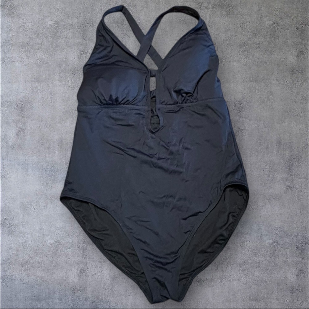 Lauren Ralph Lauren Black One Piece Plunge Swimsuit Criss Cross Back Shaping 16W